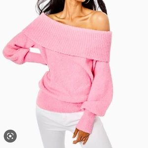 Lilly Pulitzer Pink Fuzzy Sweater Small NWT New Off Shoulder Long Sleeve Cowl